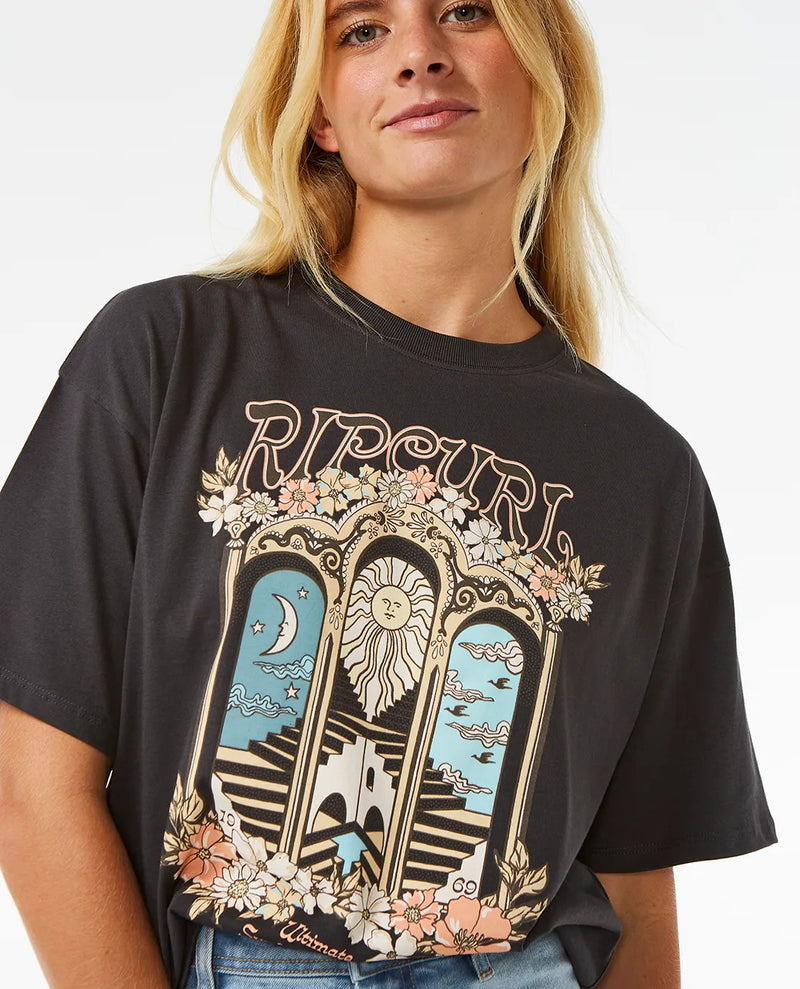 Load image into Gallery viewer, Rip Curl Women&#39;s Tropical Tour Heritage T-Shirt Washed Black 0B6WTE-8264
