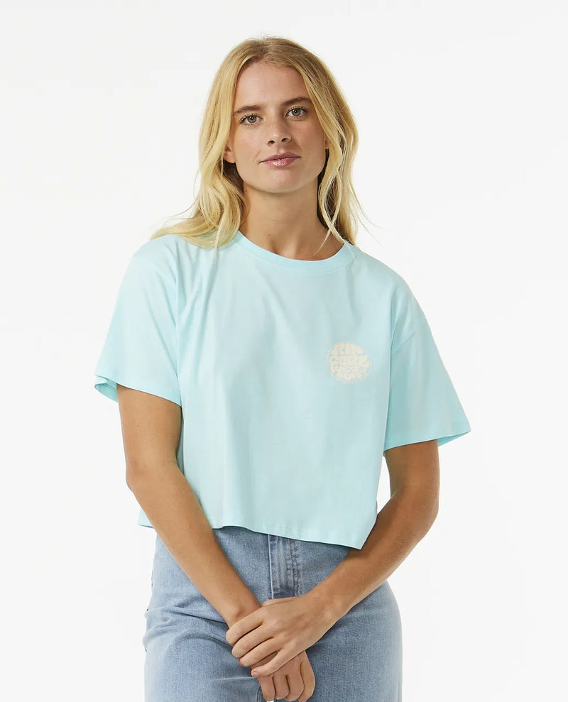 Load image into Gallery viewer, Rip Curl Women&#39;s Wettie Icon Crop T-Shirt Sky Blue 0BZWTE-0079
