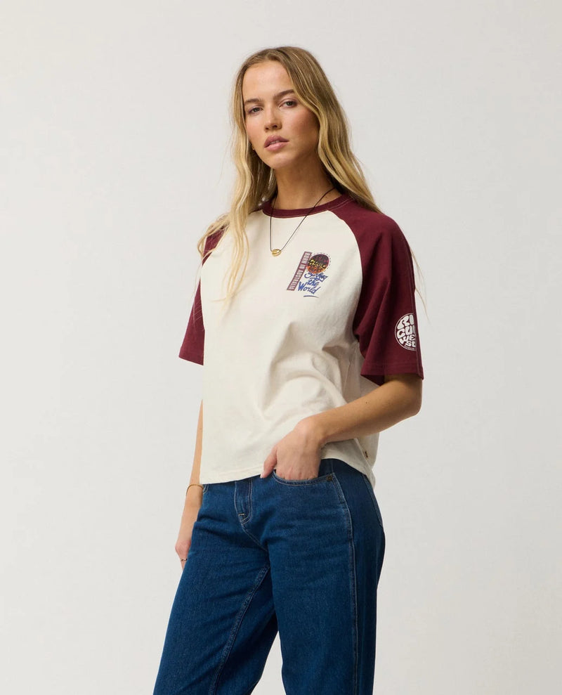 Load image into Gallery viewer, Rip Curl Women's Surf The World Boxy T-Shirt Bone 0QMWTE-3021
