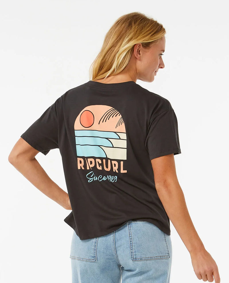 Load image into Gallery viewer, Rip Curl Women&#39;s Line Up Relaxed Fit T-Shirt Washed Black 0BYWTE-8264
