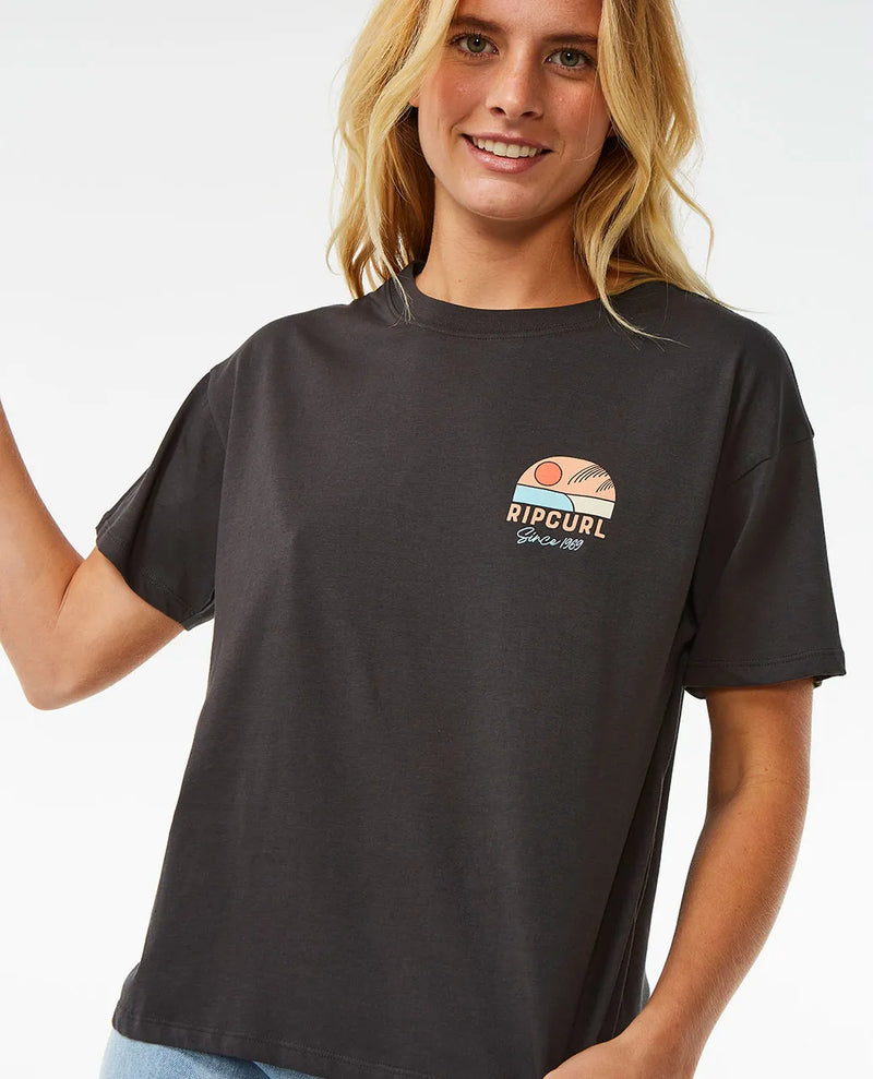 Load image into Gallery viewer, Rip Curl Women&#39;s Line Up Relaxed Fit T-Shirt Washed Black 0BYWTE-8264
