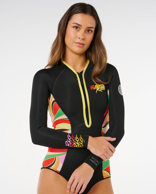 Rip Curl Women's G-Bomb 1.5mm Long SLeeve Front Zip Full Springsuit Neon Waves 14IWSP-2848