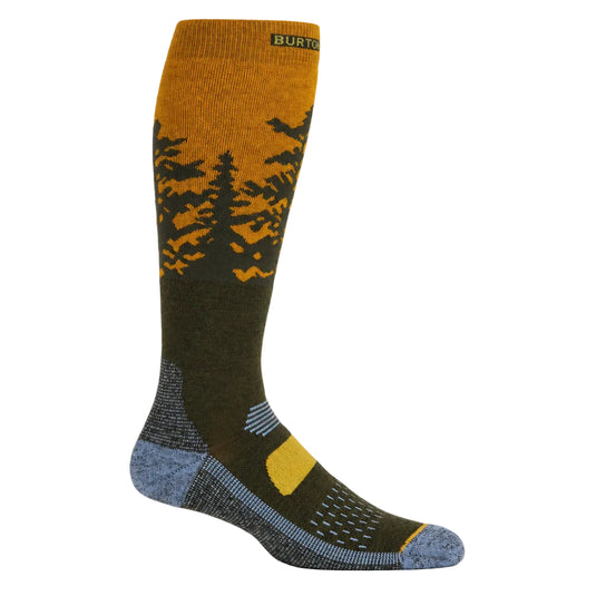 Knee-high sock with nature-themed design on a white background