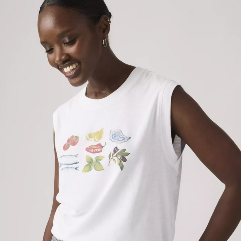 Load image into Gallery viewer, Levi's Women's Graphic Boxy Tank Top Fruit Grid Bright White - White 001MW0019
