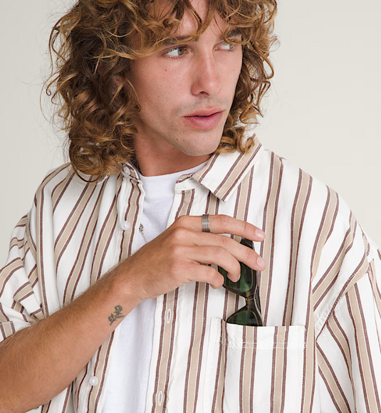 Vans Men's Lawson Stripe Shirt White/Potting Soil Brown VN000TADGCQ