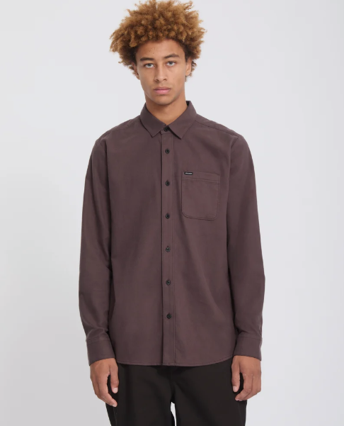 Volcom Men's Caden Solid Long Sleeve Shirt Raisin A0532601-RSN