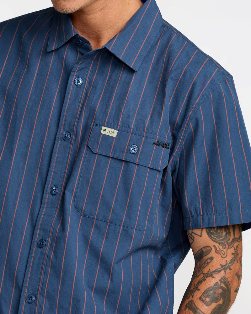 Load image into Gallery viewer, RVCA Men's TJP Dayshift Stripe Short Sleeve Shirt Moody Blue 23A041600-MDY
