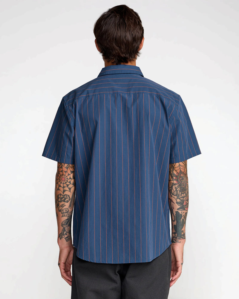Load image into Gallery viewer, RVCA Men's TJP Dayshift Stripe Short Sleeve Shirt Moody Blue 23A041600-MDY
