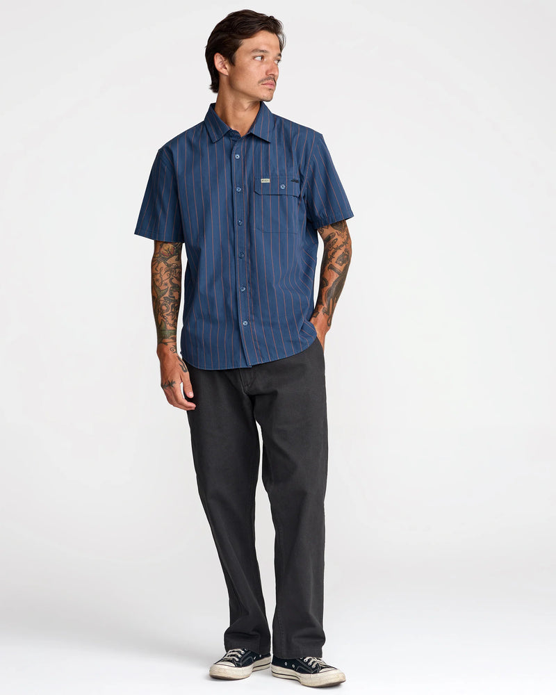Load image into Gallery viewer, RVCA Men's TJP Dayshift Stripe Short Sleeve Shirt Moody Blue 23A041600-MDY
