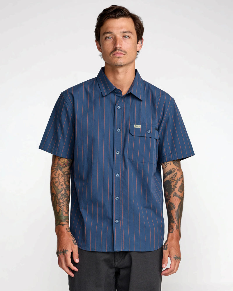 Load image into Gallery viewer, RVCA Men's TJP Dayshift Stripe Short Sleeve Shirt Moody Blue 23A041600-MDY
