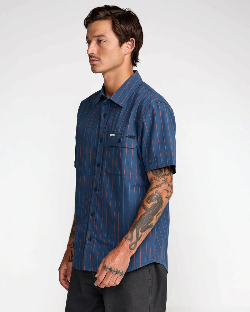 Load image into Gallery viewer, RVCA Men's TJP Dayshift Stripe Short Sleeve Shirt Moody Blue 23A041600-MDY
