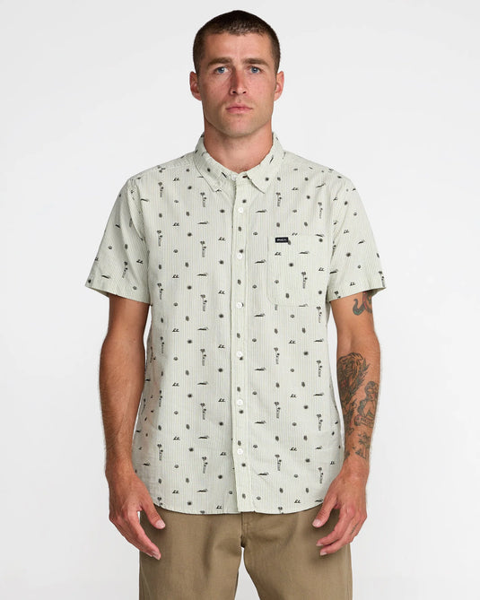 RVCA Men's That ll Do Seersucker Short Sleeve Shirt Ranger Green 23A041603-RGR