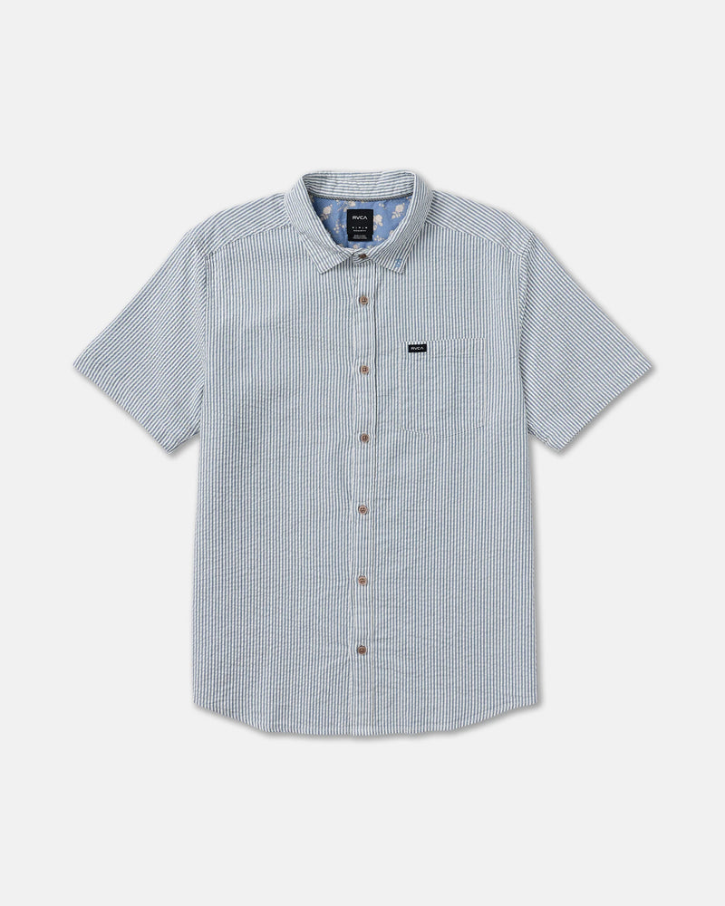 Load image into Gallery viewer, RVCA Men's That'll Do Seersucker Short Sleeve Shirt Vintage Navy 23A041603-VNY
