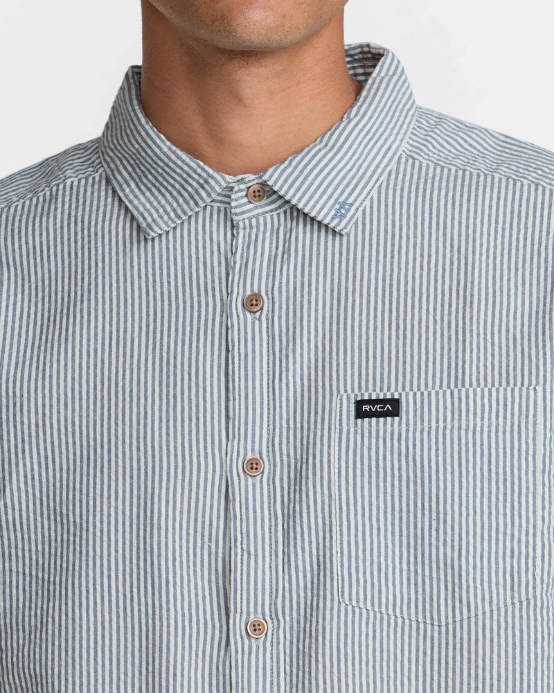 Load image into Gallery viewer, RVCA Men's That'll Do Seersucker Short Sleeve Shirt Vintage Navy 23A041603-VNY
