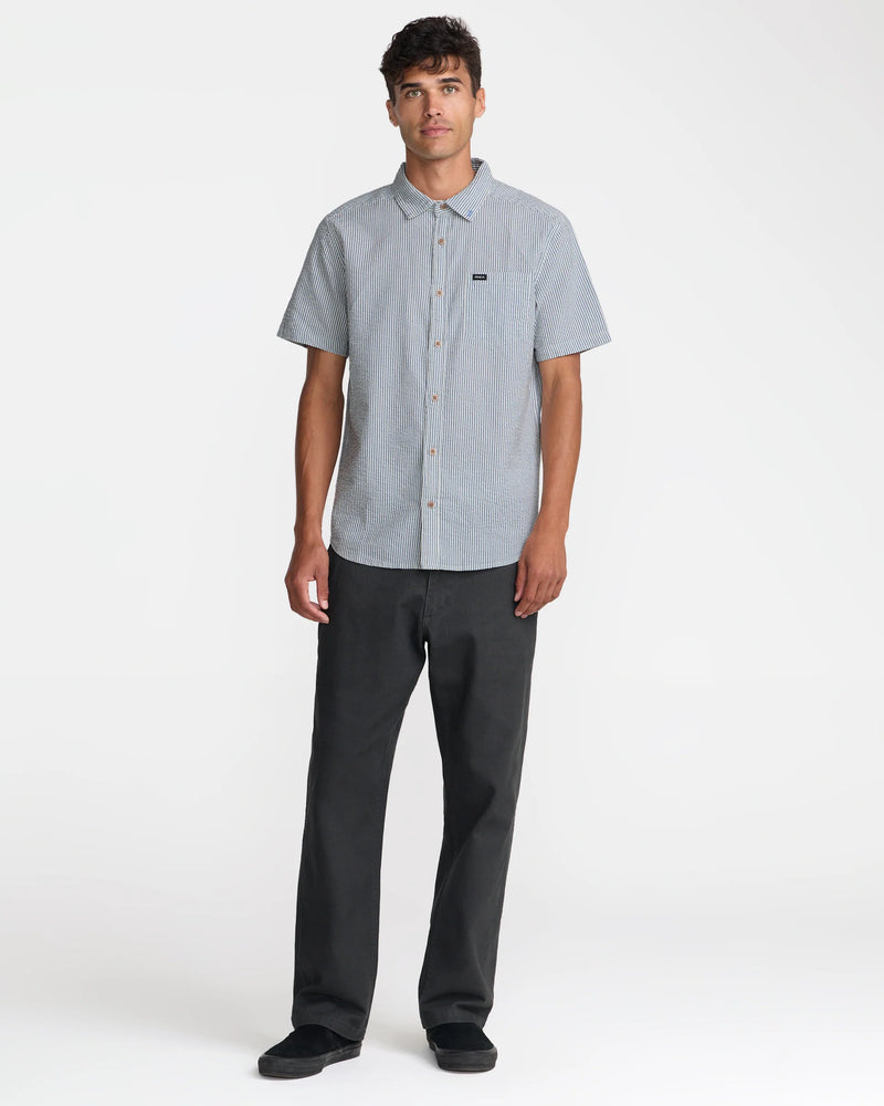 Load image into Gallery viewer, RVCA Men's That'll Do Seersucker Short Sleeve Shirt Vintage Navy 23A041603-VNY
