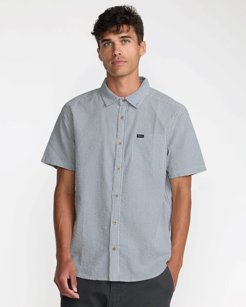 Load image into Gallery viewer, RVCA Men's That'll Do Seersucker Short Sleeve Shirt Vintage Navy 23A041603-VNY
