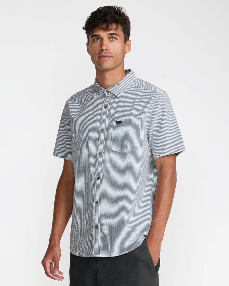 Load image into Gallery viewer, RVCA Men's That'll Do Seersucker Short Sleeve Shirt Vintage Navy 23A041603-VNY
