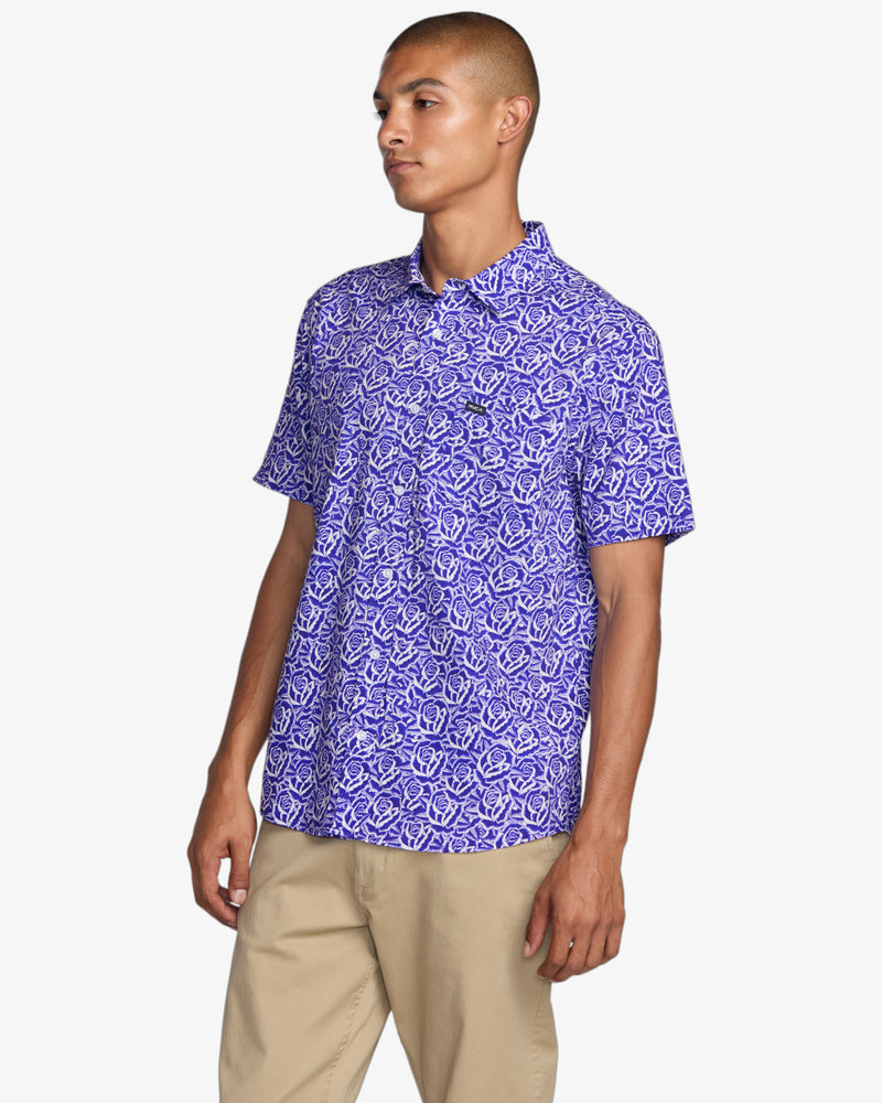Load image into Gallery viewer, RVCA Men&#39;s Barba Roses Short Sleeve Shirt Light Blue 23A042500-LBL
