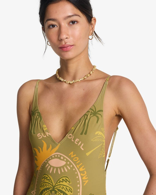 Billabong Women's Vaca Soleil Deep V One-Piece Swimsuit Cedar 24O301607-CED