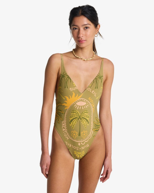 Billabong Women's Vaca Soleil Deep V One-Piece Swimsuit Cedar 24O301607-CED