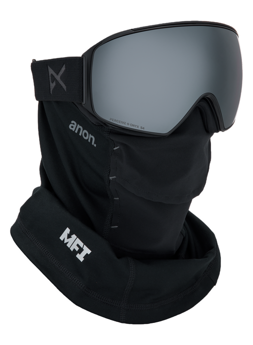 Black ski mask with goggles featuring 'MFI' and 'anon.' branding on a white background