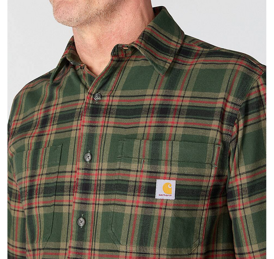 Carhartt Men's Hamilton Relaxed Long Sleeve Plaid Shirt Forestry Green/Amber Terrain 107010-GS8