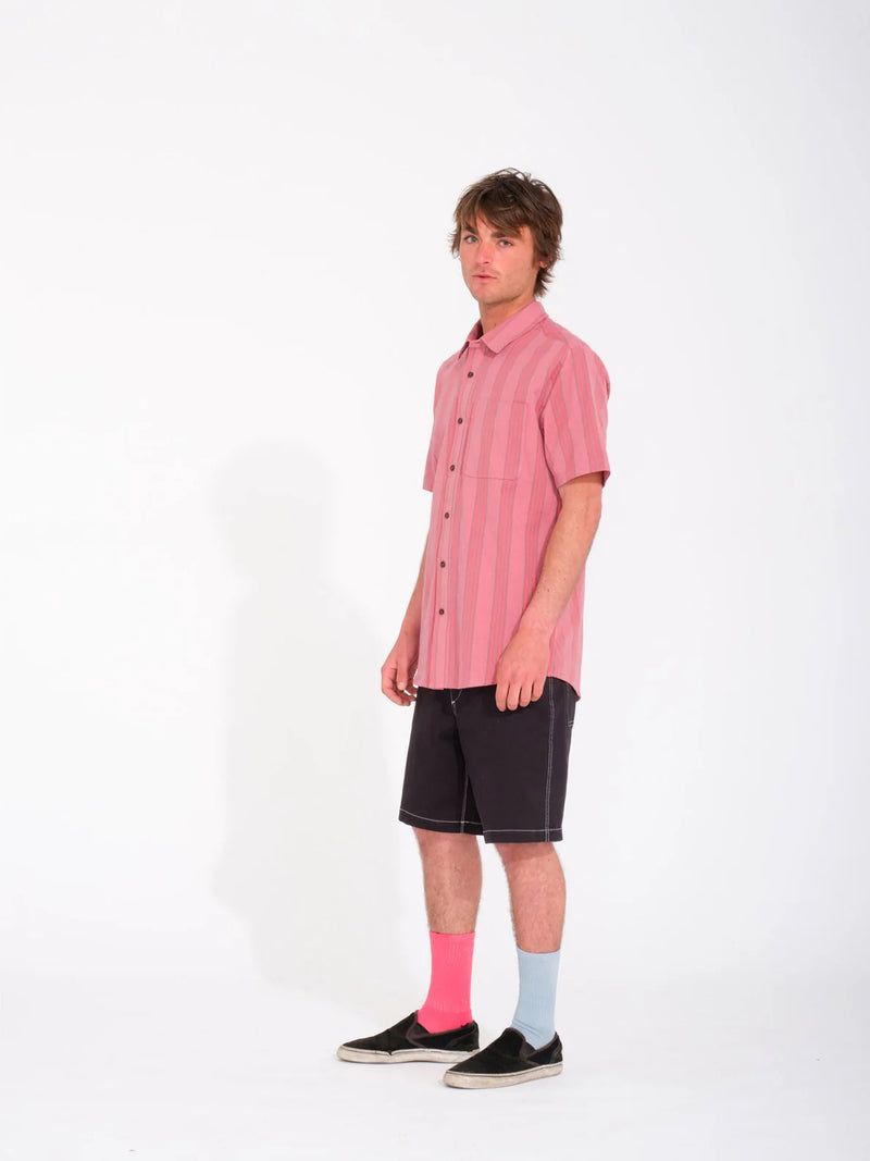 Load image into Gallery viewer, Volcom Men&#39;s Newbar Stripe Classic Fit Shirt Washed Ruby A0412402_RBY
