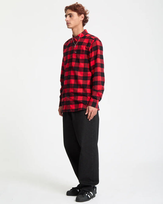 Volcom Men's Caden Plaid Shirt Lifeguard Red A0532506-LRD