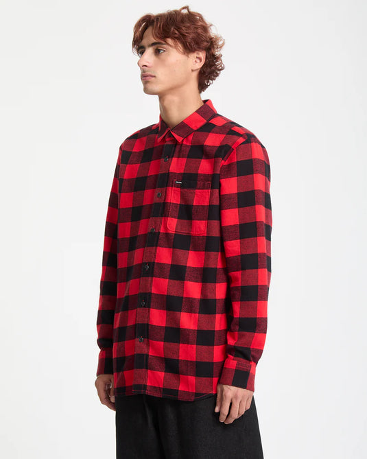 Volcom Men's Caden Plaid Shirt Lifeguard Red A0532506-LRD