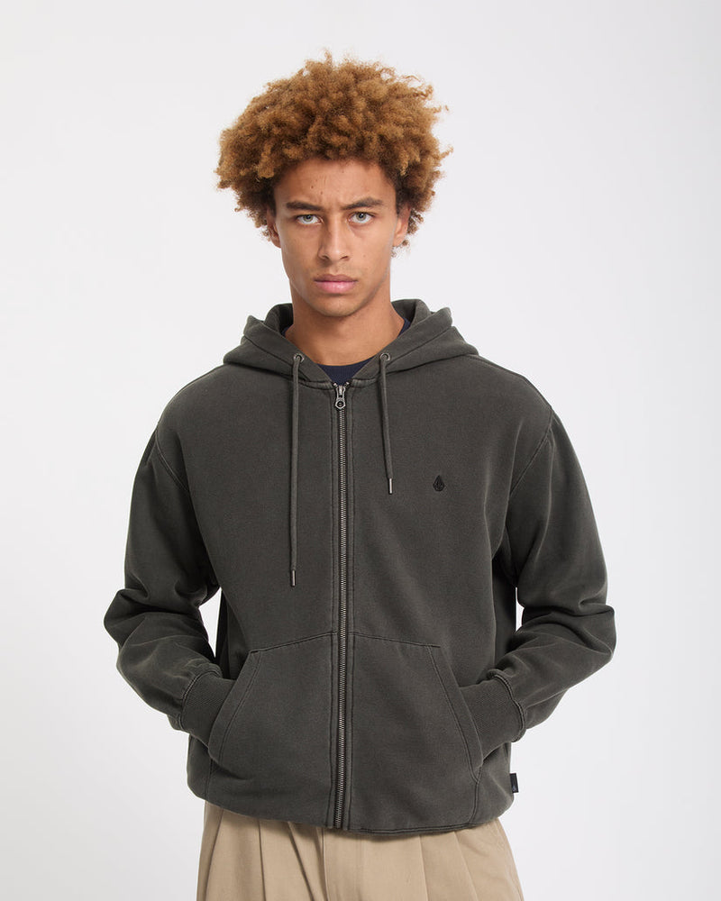 Load image into Gallery viewer, Volcom Men's Single Stone Zip Sweatshirt Rinsed Black A4832606-RIB
