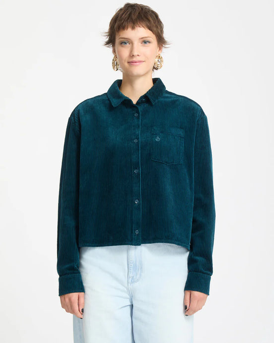 Volcom Womens' Weellow Corduroy Shirt Emerald Green B0532404_EMG