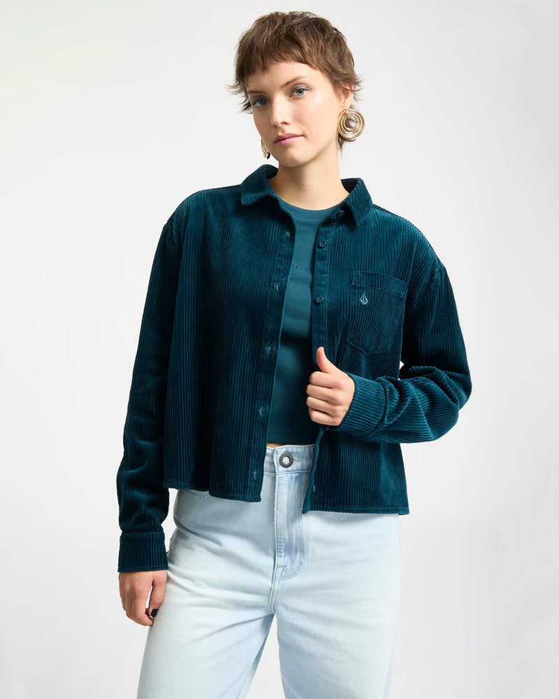 Load image into Gallery viewer, Volcom Womens&#39; Weellow Corduroy Shirt Emerald Green B0532404_EMG
