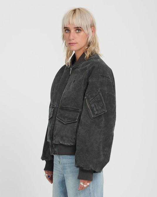 Volcom Women's Workestra Bomber Jacket Rinsed Black B1732606-RIB