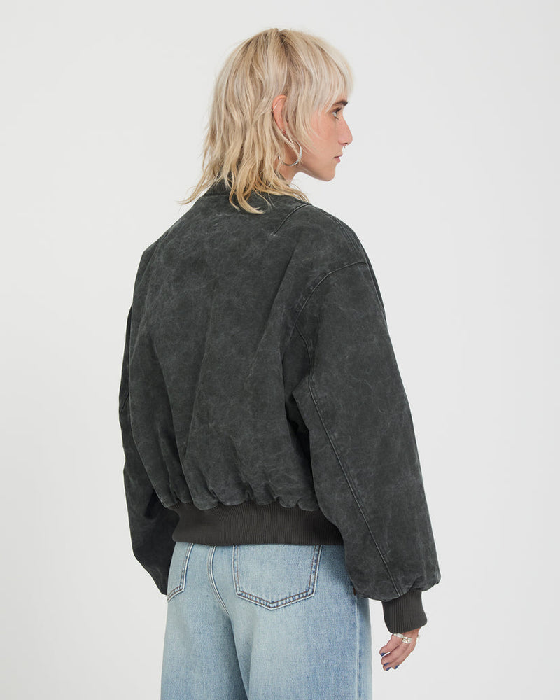 Load image into Gallery viewer, Volcom Women's Workestra Bomber Jacket Rinsed Black B1732606-RIB
