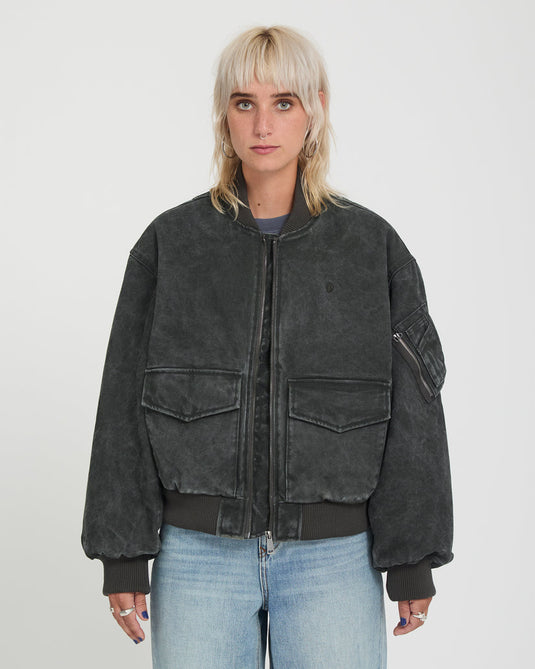 Volcom Women's Workestra Bomber Jacket Rinsed Black B1732606-RIB