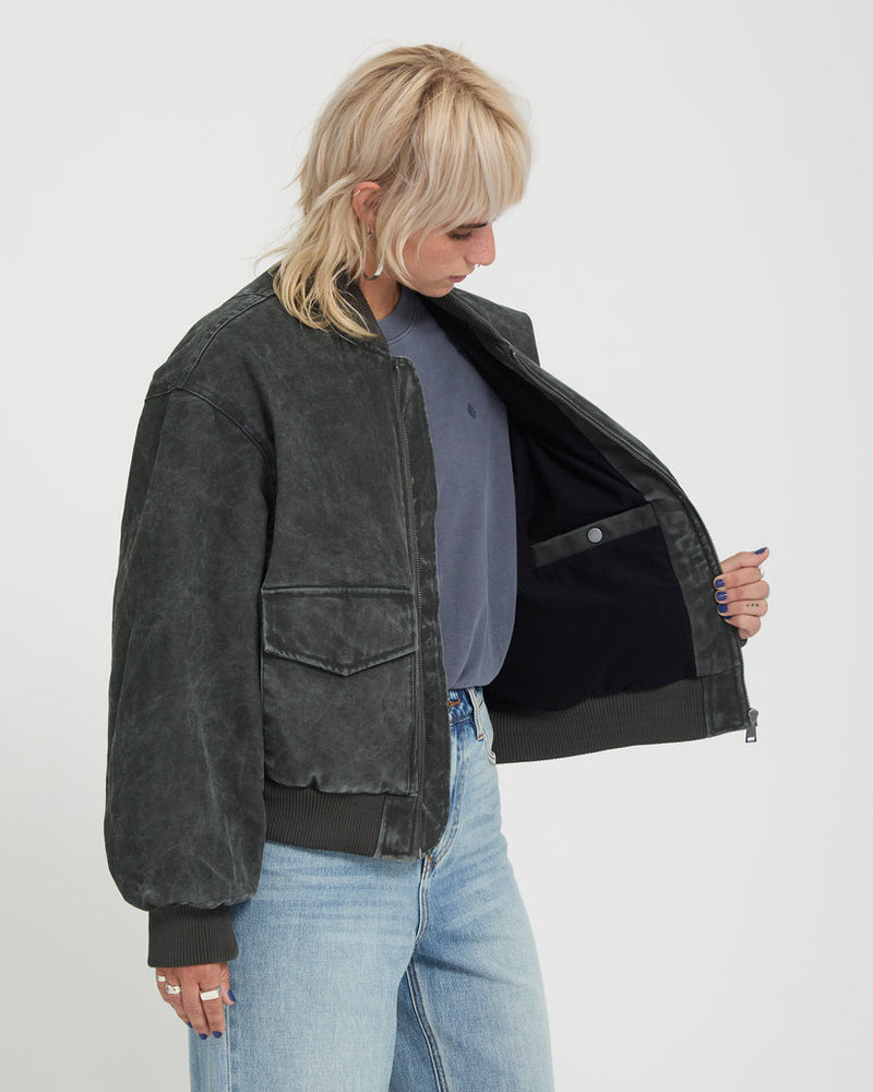Load image into Gallery viewer, Volcom Women's Workestra Bomber Jacket Rinsed Black B1732606-RIB
