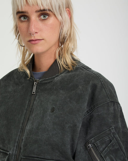 Volcom Women's Workestra Bomber Jacket Rinsed Black B1732606-RIB