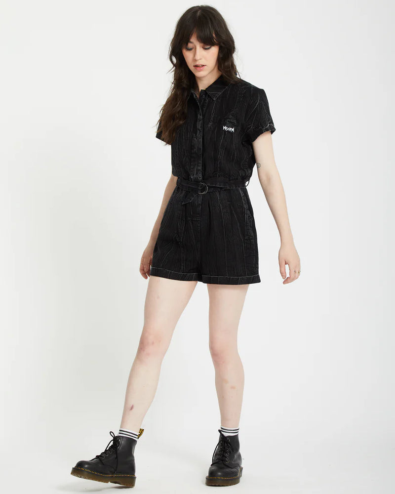 Load image into Gallery viewer, Volcom Women&#39;s Asphalt Romper Black Marble Wash B2812402_BLM
