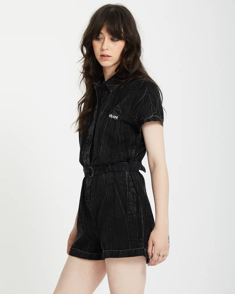 Load image into Gallery viewer, Volcom Women&#39;s Asphalt Romper Black Marble Wash B2812402_BLM
