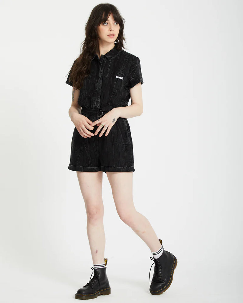 Load image into Gallery viewer, Volcom Women&#39;s Asphalt Romper Black Marble Wash B2812402_BLM
