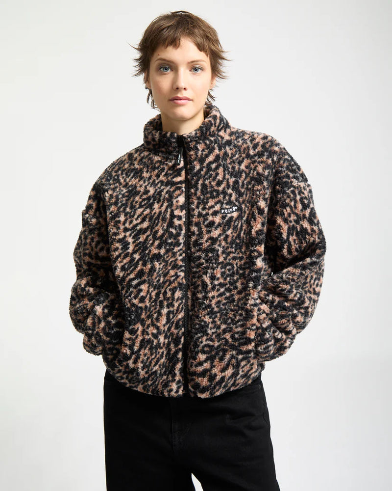 Load image into Gallery viewer, Volcom Women&#39;s Wylding Out Zip Sherpa Fleece Animal Print B4832502-ANM
