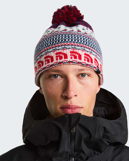 The North Face Men's Cabin Ski Tuke Beanie White Dune Jacquard/Pom NF0A8CH0IKH