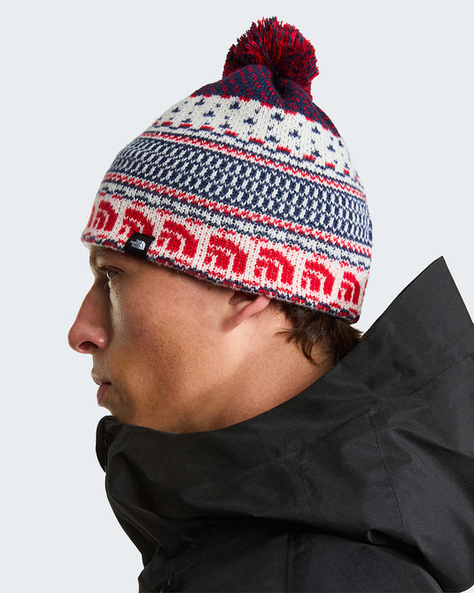 The North Face Men's Cabin Ski Tuke Beanie White Dune Jacquard/Pom NF0A8CH0IKH