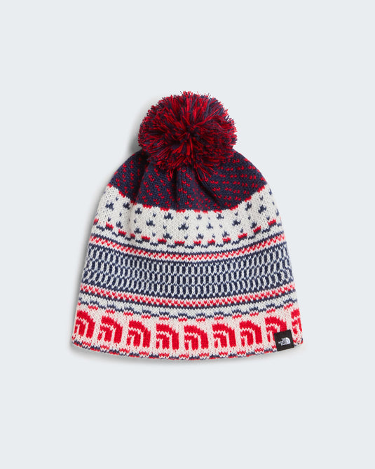 The North Face Men's Cabin Ski Tuke Beanie White Dune Jacquard/Pom NF0A8CH0IKH