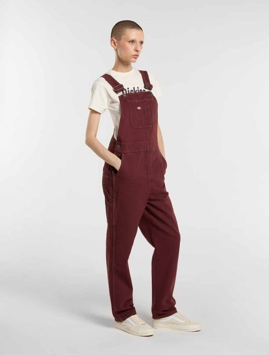Dickes Women's Loose Canvas Bib Overalls Burgundy DK0A87N8L161