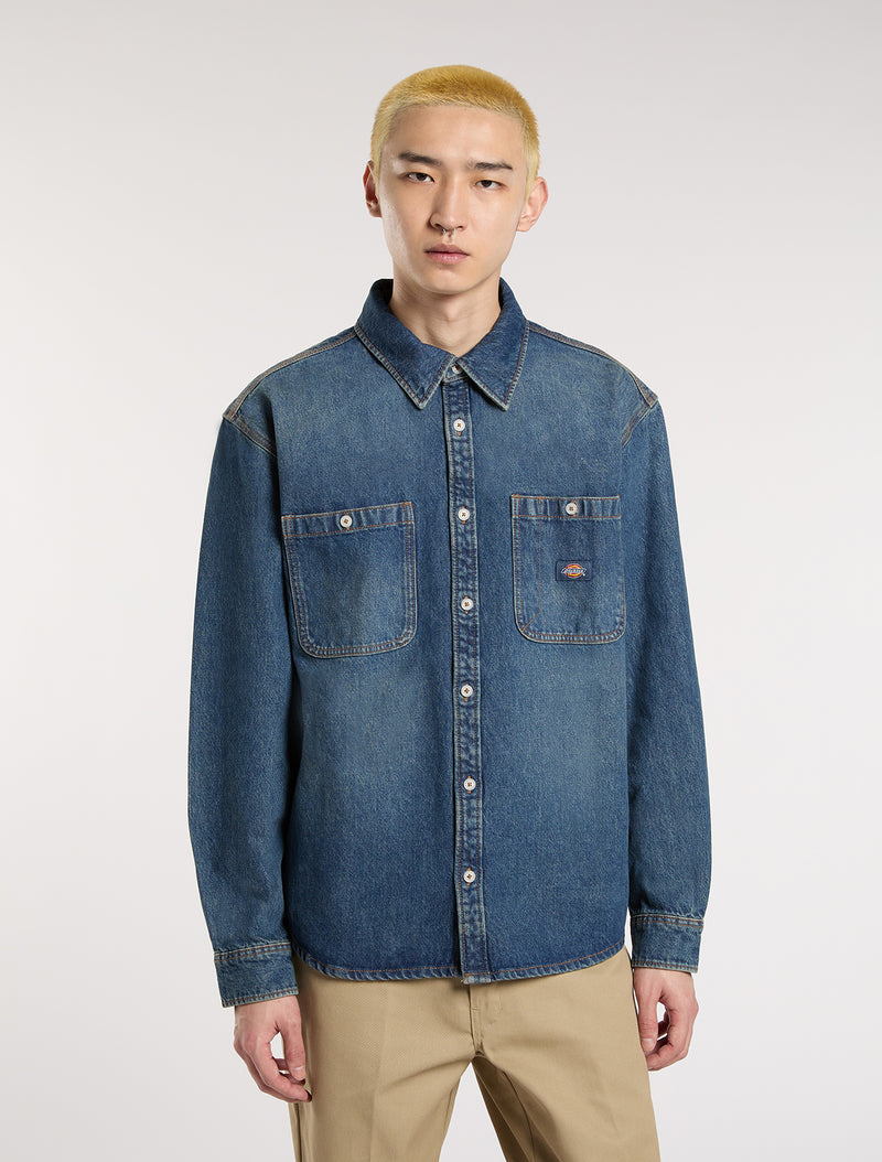 Load image into Gallery viewer, Dickies Men&#39;s Mechanic Long Sleeve Denim Shirt Khaki DK0A87PXL23
