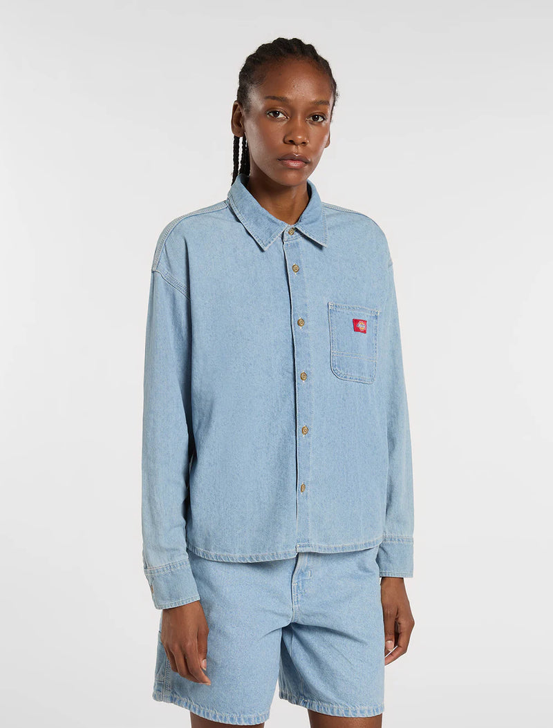 Load image into Gallery viewer, Dickies Women's Lightweight Long Sleeved Denim Shirt Vintage Blue DK0A8826C15
