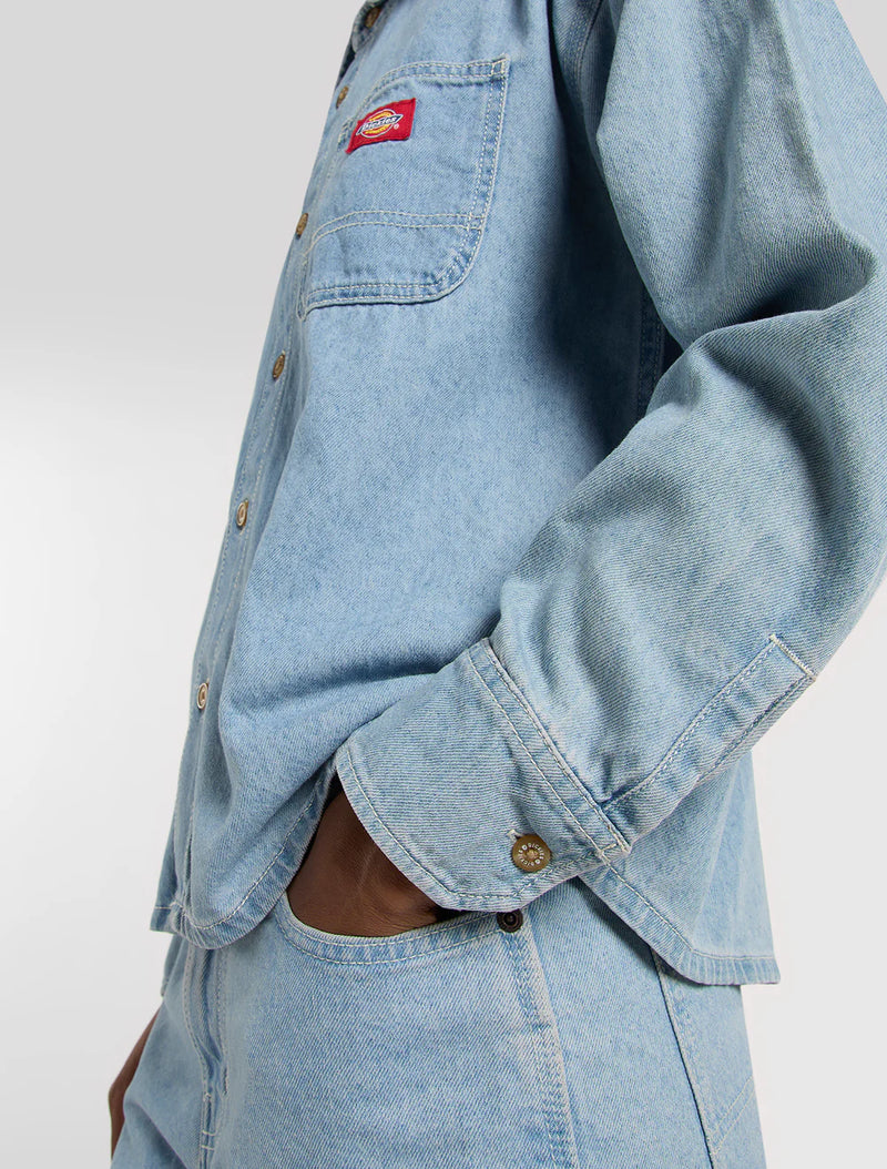 Load image into Gallery viewer, Dickies Women's Lightweight Long Sleeved Denim Shirt Vintage Blue DK0A8826C15
