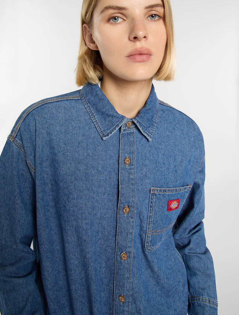 Load image into Gallery viewer, Dickies Women's Lightweight Long Sleeved Denim Shirt Classic Blue DK0A8826CLB
