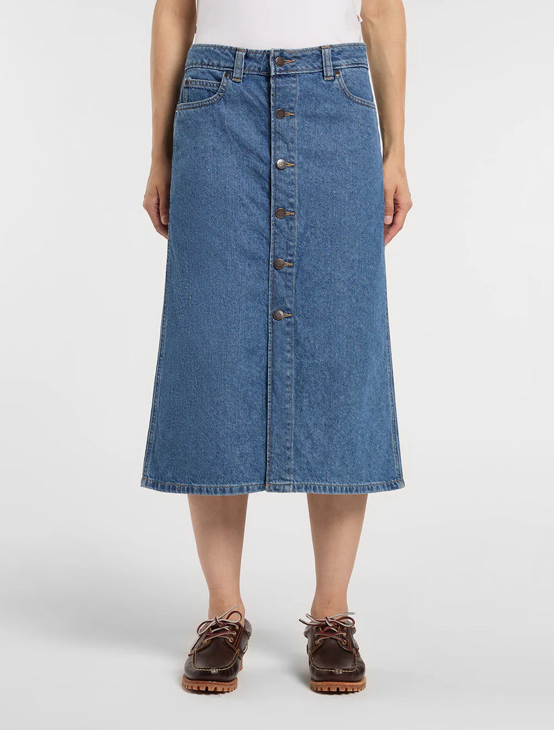 Load image into Gallery viewer, Dickies Women's Midi Denim Skirt Classic Blue DK0A888ICLB
